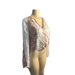 Women L By Anthropologie Silky Spliced Blouse Shirt Top V-Neck Balloon Sleeve